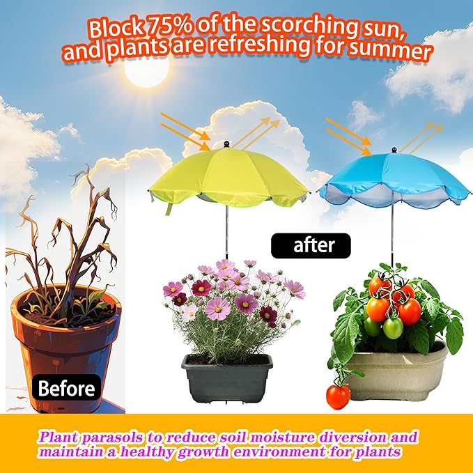 3 Pack Plant Umbrellas for Outdoor Plants, Garden Umbrella 5-Prong Base for Garden Beds & Potted Adjustable Angle Plant Shade Cover Umbrellas for Plant Flowers