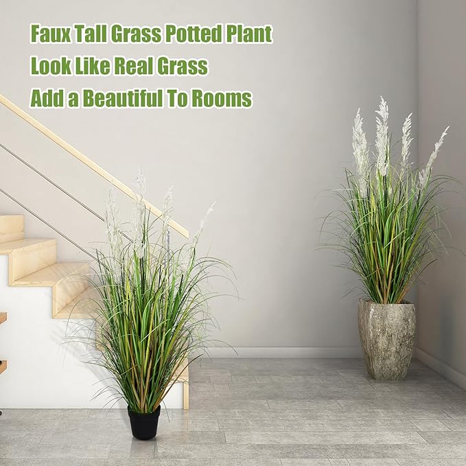 4 Pcs Tall Artificial Grass Plant 4 ft Large Fake Pampas Outdoor Faux Floor Plant in Pot UV Resistant for Housewarming Gift Front Porch Patio Garden