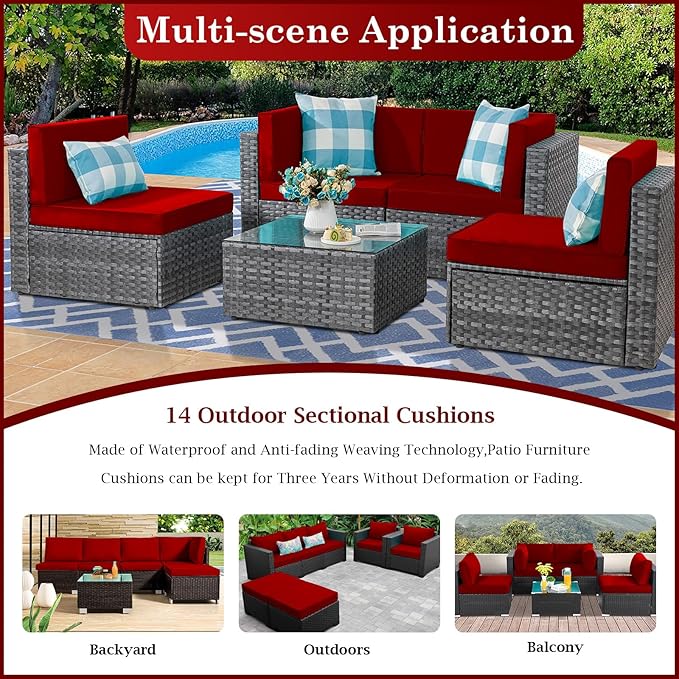 Outdoor Sectional Cushions, 4" Foam High-Density, Water-Resistant Couch Cushions Replacement Set, 14 Piece Patio Sectional Cushion for 6-Seat Sectional Patio Conversation Sets (Red)