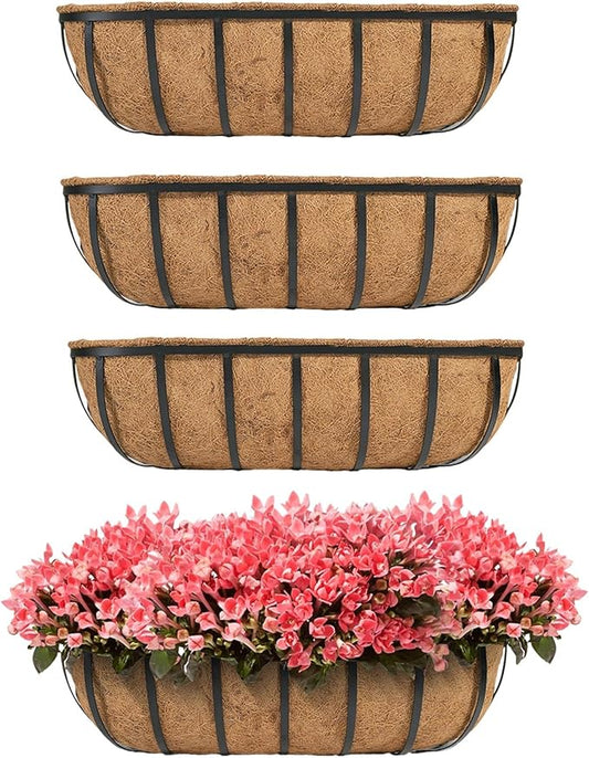 hehimhis Balcony Planters Railing Hanging 24inch 4 Pack Window Planter Box with Adjustable Bracket with Coco Liner for Porch Fence Patio Hanging Planters for Garden Outdoor Boxes