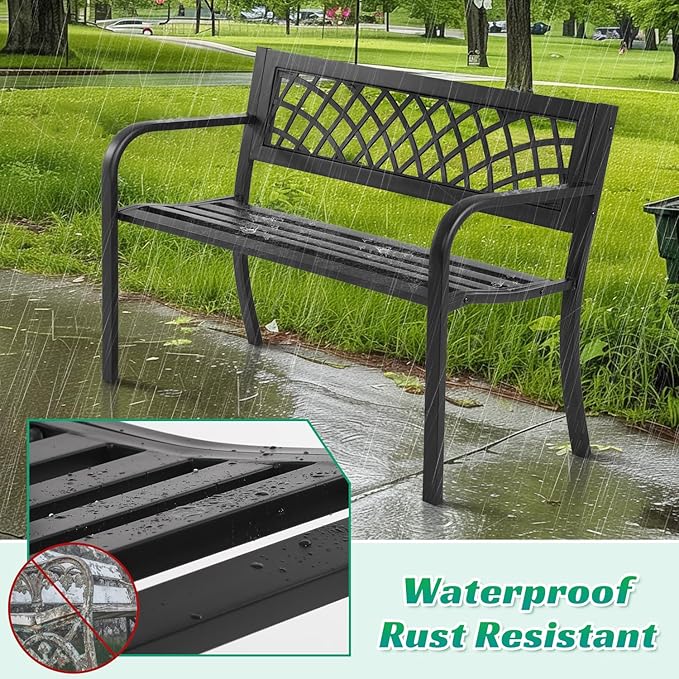 Dkeli Patio Outdoor Bench Park Metal Sturdy Cast Iron Garden Benches Porch Chair Seat Furniture with Armrests 480BLS Bearing Capacity for Park Yard Deck Entryway, Black