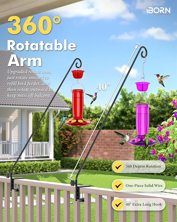 iBorn 40 Inch Deck Hook for Bird Feeder Outdoors Hanging, Hummingbird Feeder Hanger for Deck Railing, Squirrel Proof Shepherd Hook, Rotatable for Refilling, Wrought Iron Solid Wire, Pack of 2, Black
