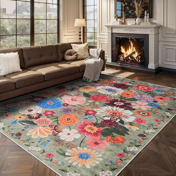 Green Living Room Rugs, Area Rugs 5x8 Rug for Bedroom Ultra-Thin Soft, Non-Slip Washable Rugs Stain Resistant Boho Rug Low-Pile Throw Rug for ‎Dining Room Office (5 x 8, Green Garden)