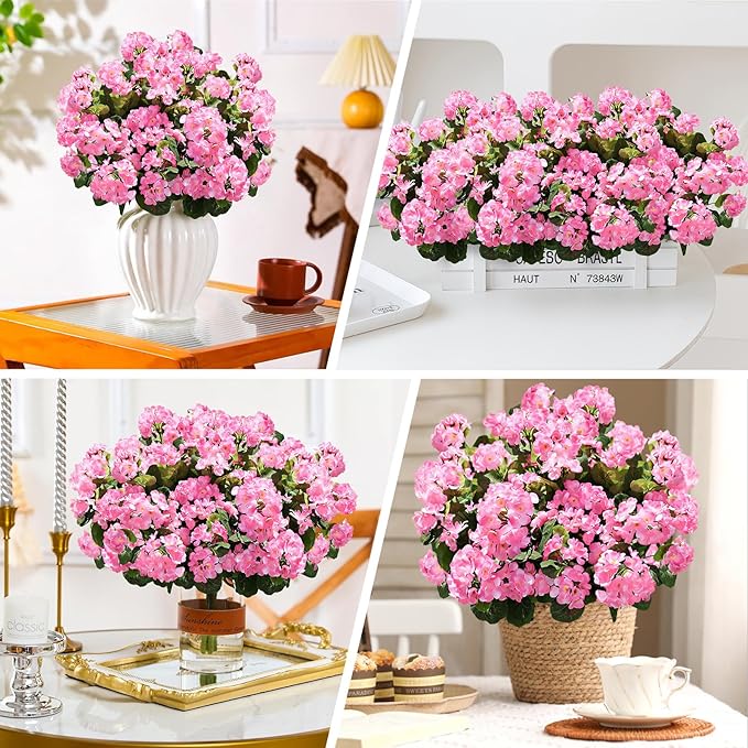 famibay Artificial Flowers for Outdoor Indoor Garden Home Decoration, 8 Bundles Silk Geraniums UV Resistant Look Real Faux Plants for Front Door Porch Planter Urn Patio Garden,Pink