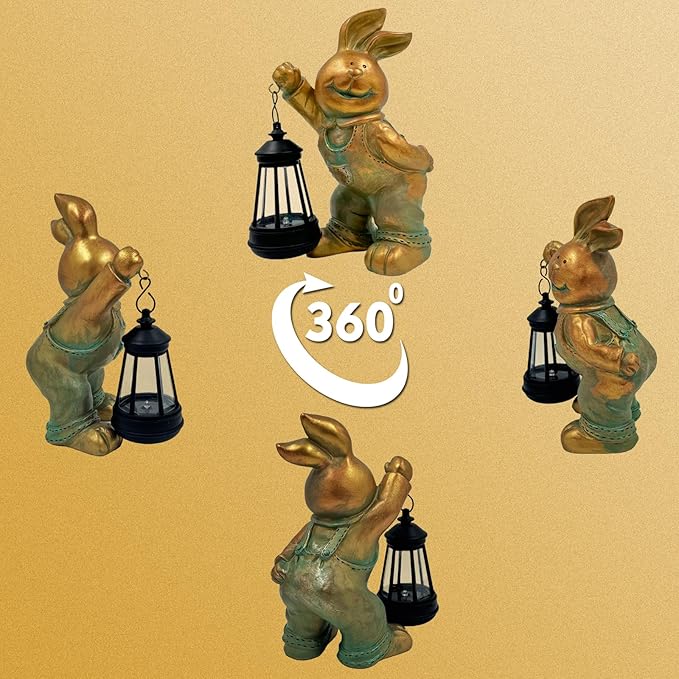 Outdoor Bunny Statue Solar Lantern for Garden Yard Lawn Patio Bronze Rabbit Figurine Decorations Housewarming for Mom Grandma Women
