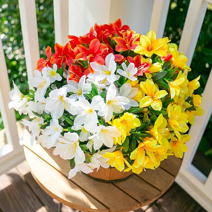 INSPRING Artificial Flowers for Outdoors, 3 Bundles Fake Silk Azalea Flower Faux Plants Outside Decoration UV Resistant Realistic Spring Outdoor Flowers for Planter Porch Patio Garden Walkways Home
