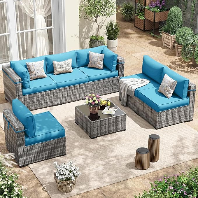 Patio Sectional Cushions, 14-Piece Replacement Cushions for Outdoor Furniture, Water-Resistant Outdoor Sofa Cushion for 6-Seat Rattan Wicker Sectional Conversation Sets (Sky Blue)