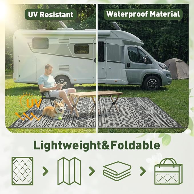 MontVoo Outdoor Rug Carpet Waterproof 5x8 Outdoor Patio Rug Mat Reverisble Plastic Straw Outdoor Rug for RV Camping Picnic Beach Balcony Boho Grey
