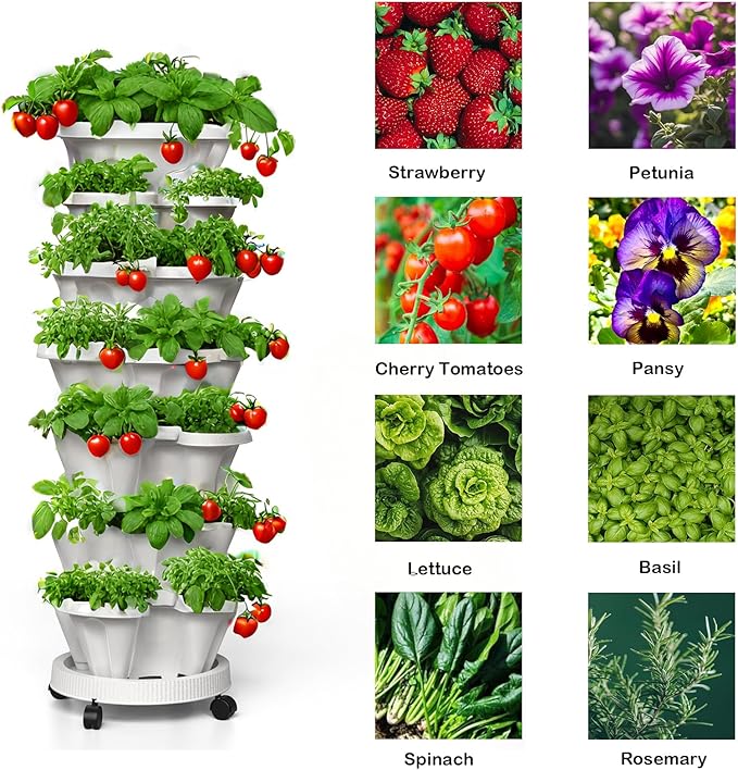 Strawberry Planters, 7 Tiered Vertical Stackable Planter, Herb Stacking Tower Garden, Flower and Vegetable Planters with Support Pole Indoor & Outdoor with Removable Wheels - Dark Grey