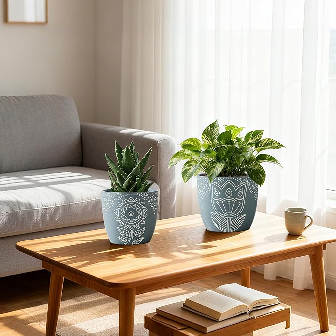 Terracotta Plant Pots,6.5+5+4.4 Inch Plant Pots Indoor with Drainage Hole- Floral Pattern,Blue Ceramic Planters for Indoor Plants,Boho decorative Flower Pots for Succulents,Herbs Plants,Set of 3