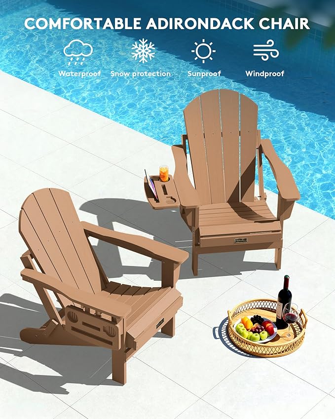 SERWALL Folding Adirondack Chair Set of 4, Outdoor Adirondack Chairs with 4 in 1 Cup Holder, Wood Texture Patio Chairs, Weather Resistant Fire Pit Chairs for Patio Deck Garden, Backyard Deck - Brown