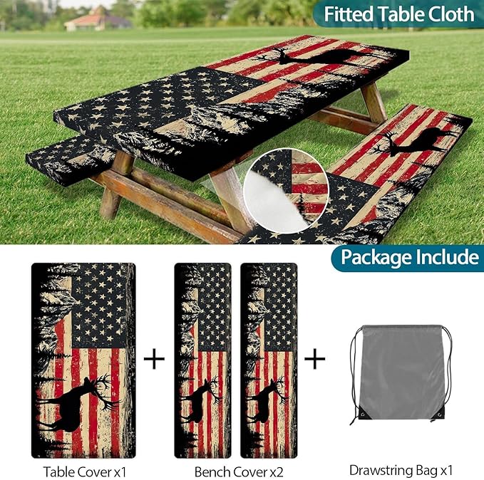 Picnic Table Cover with Bench Covers Elastic Edges, Rustic Farmhouse American Flag Camper Fitted Table Cover, Outdoor Camping Essentials, Waterproof Camping Tablecloth with Drawstring Bag, 72In 3PCS