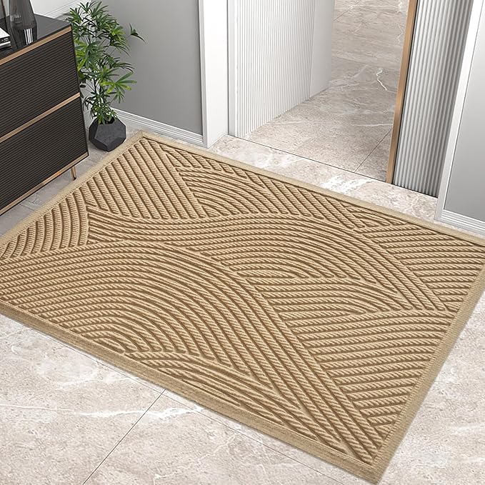 Sturdy Front Door Mat, Absorbent Muddy Dirt Resist Welcome Door Mats Outdoor Indoor, Stain and Fade Resistant, Non-Slip Backing Entry Mat Low Profile Doormat for Entryway, 60×36, Beige