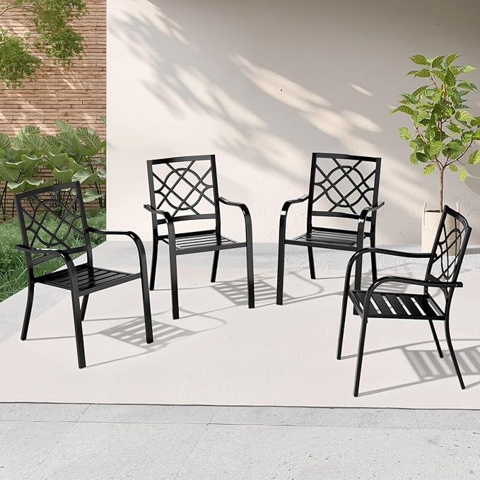 Crownland Patio Wrought Iron Dining Chairs Set of 4, Outdoor Bistro Stackable Metal Chairs with Armrests for Garden, Poolside, Backyard (Black)