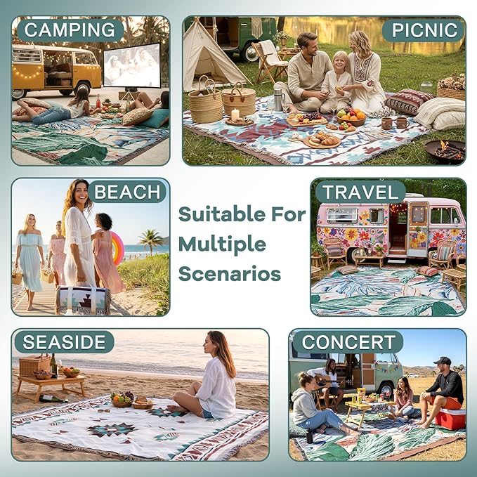 2 in 1 Extra Large Boho Beach Blanket Towel Giant Woven Outdoor Picnic Mat Camping Gear Cruise Essential 2025 Summer Vacation Must Have Airplane Travel Accessories Costa Rica Bahamas Hawaii Trip Stuff