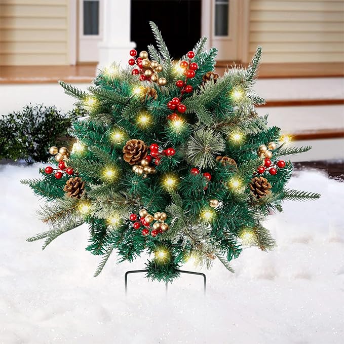 Glintoper Lighted Artificial Christmas Urn Filler, Pre-lit Xmas Pine Trees with Cones, Golden & Red Berries, Tripod Stake and 60 LED Lights, Outdoor Light Up Planter Filler Holiday Home Decor, 1 Pack