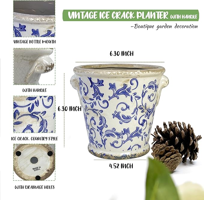 Vintage Ceramic Flower Pot with Drainage Holes and Handle,Ice Crack Country Rustic Planters for Indoor Outdoor,Tuscan Decor,Home and Garden Decor,Gardening Present