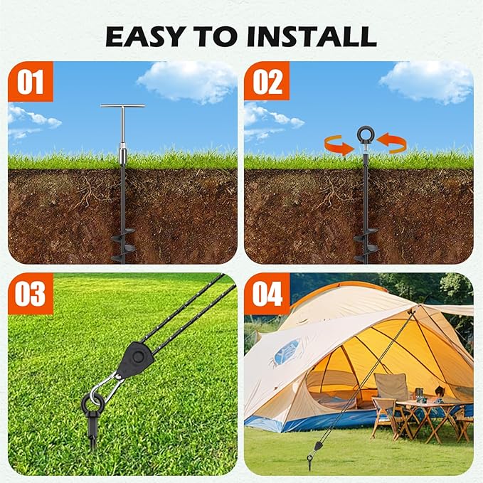 Shed Anchor Kit, 4 Pack 18" Screw in Tent Stakes Heavy Duty Kit, Earth Anchors Heavy Duty with 4 Strong Straps for High Winds, Spiral Trampoline Stakes for Tent Sheds Canopy Gazebo Swing Set (Black)
