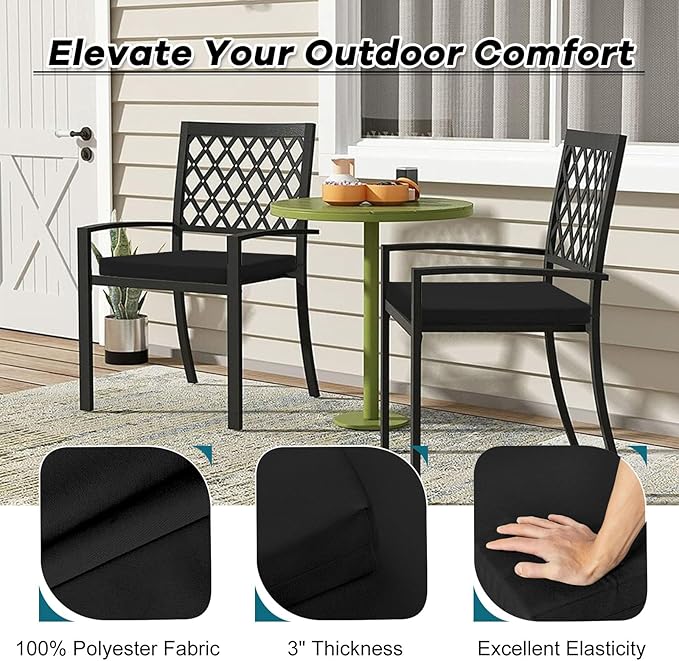 Basic Beyond Outdoor Chair Cushions Set of 6, Square Corner Outdoor Cushions for Patio Furniture, Water Resistant Patio Chair Cushions with 2 Ties, 18.5x16x3, Black