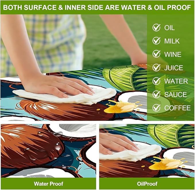 Tropical Paradise Picnic Table Cover with Bench Covers Set of 3 - Coconut & Palm Leaves Print, Elastic Fitted Tablecloth for 6 Ft Tables, Washable Polyester Cover for Patio, Indoor & Outdoor