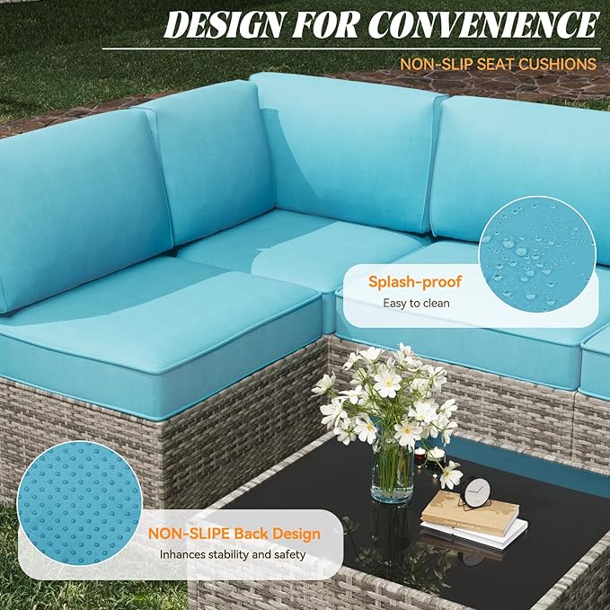 Patio Cushions for Outdoor Furniture,Water-Resistant Outdoor Cushions for 6 Seat Outdoor Sectinal,25.3"×25.3" Deep Seat Sofa Cushions, 14-Piece Outdoor Couch Cushions,Lake Blue