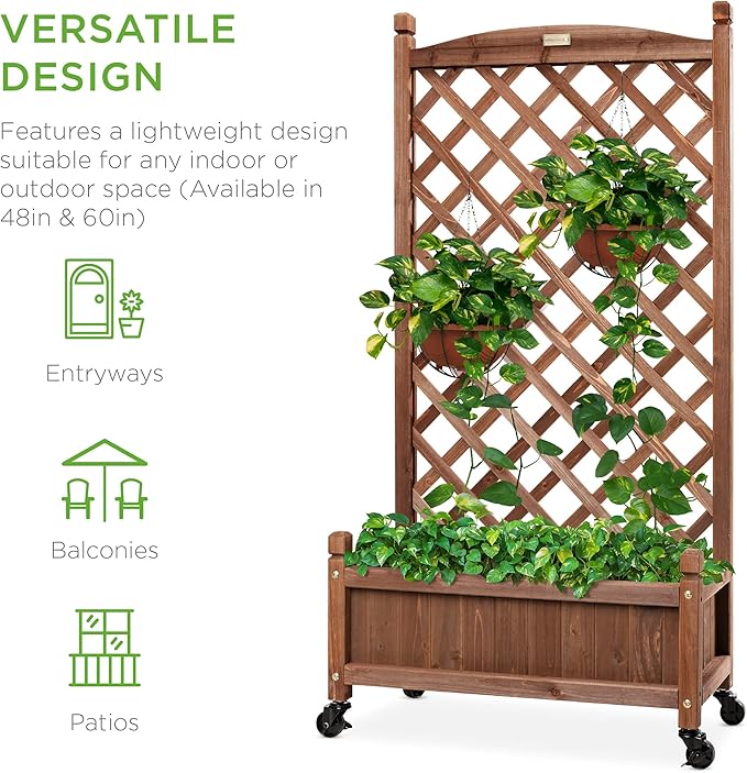 Best Choice Products 48in Wood Planter Box & Diamond Lattice Trellis, Mobile Outdoor Raised Garden Bed for Climbing Plants w/Drainage Holes, Optional Wheels - Walnut