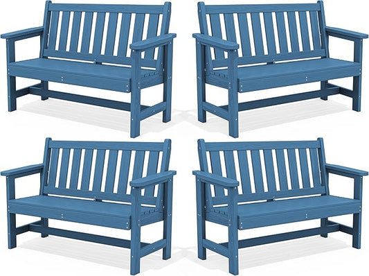 SERWALL Outdoor Bench, HDPE Outdoor Benches Weatherproof, 2-Person Garden Bench with 660 lbs Weight Capacity, Patio Benches for Outdoors, Garden, Porch, Backyard and Park, Navy, 4 Pack