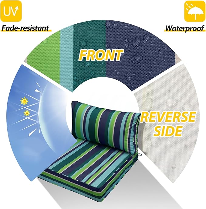 AAAAAcessories Outdoor Seat Cushions for Chairs, Fade-Resistant, Waterproof Patio Furniture Replacement Cushions, 25.5" x 25.5" x 5" + 25.5" x 13.5", Set of 4, Stormy Teal Coastal Stripe