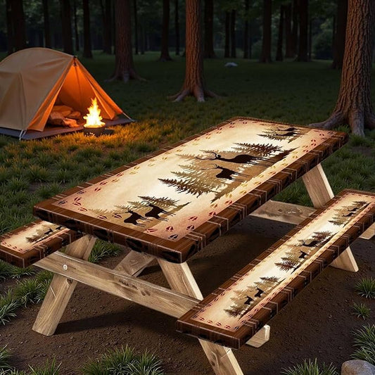 30X96 Inch Brown Deer Picnic Table Cover with Bench Cover and Drawstring Bag, Waterproof Washable Fitted Outdoor Tablecloth Rectangular Elastic Edged for Camping Outdoor Travel, 3 Pieces Set