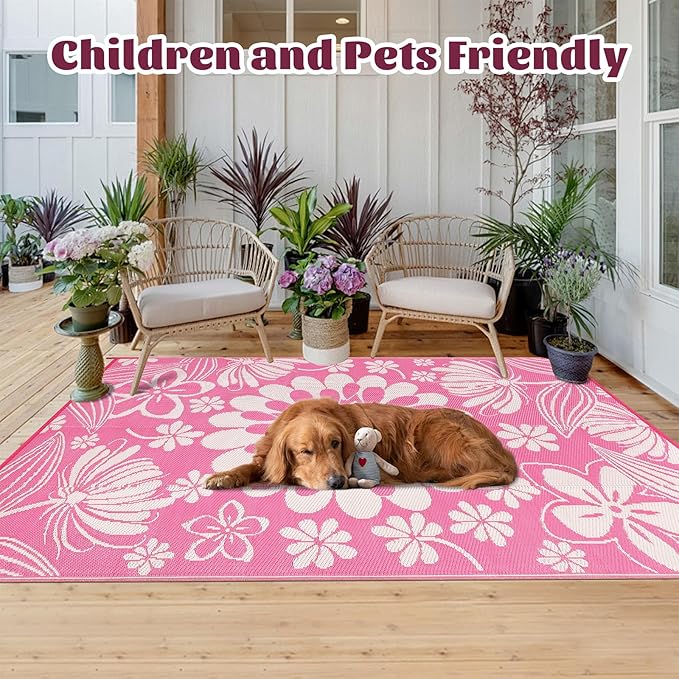 Ileading Outdoor Plastic Straw Rug 5x8ft Funny Floral Style Reversible Patio Area Rugs Waterproof Non Shedding Portable Carpets for Rv Outside Deck Pool Beach Picnic Camping (Pink)