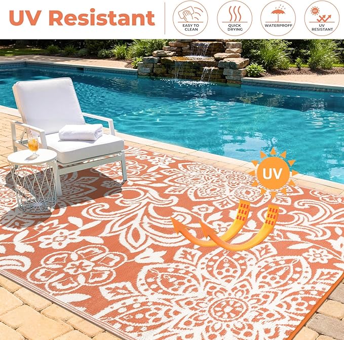 Findosom Waterproof Outdoor Rug 6' x 9' - Reversible Mandala Outdoor Plastic Straw Rug, Durable Foldable Patio Rug for RV, Deck, Balcony, Backyard, Picnic, Porch, Camping, Beach, Orange