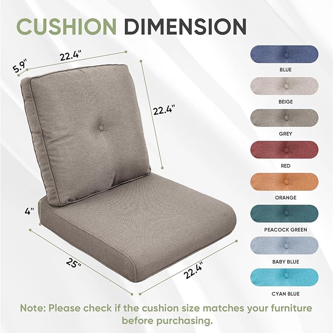 Outdoor Chair Cushions Set of 2, Waterproof Outdoor Seat Cushion 25x22, Patio Cushions for Outdoor Furniture, Replacement Couch Cushion, Include 2 Back & 2 Seat Cushions, Button/Grey