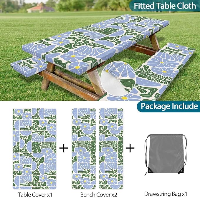 Picnic Table Covers with Bench Covers Boho Patchwork Blue Green Flower Pattern Camping Tablecloth Fitted Picnic Table Cover with Elastic Windproof Waterproof, Camping Accessories Outdoor, 72In 3PCS