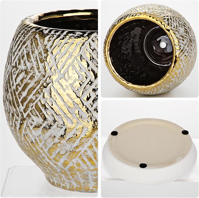 Ceramic Plant Pots for Plants Indoor 7.5 Inch Round Gold and White Flower Pot Gilded Decorative Planter with Drainage Hole and Saucer Modern Ceramic Pot for Succulents Orchids Cactus Herbs Home Decor