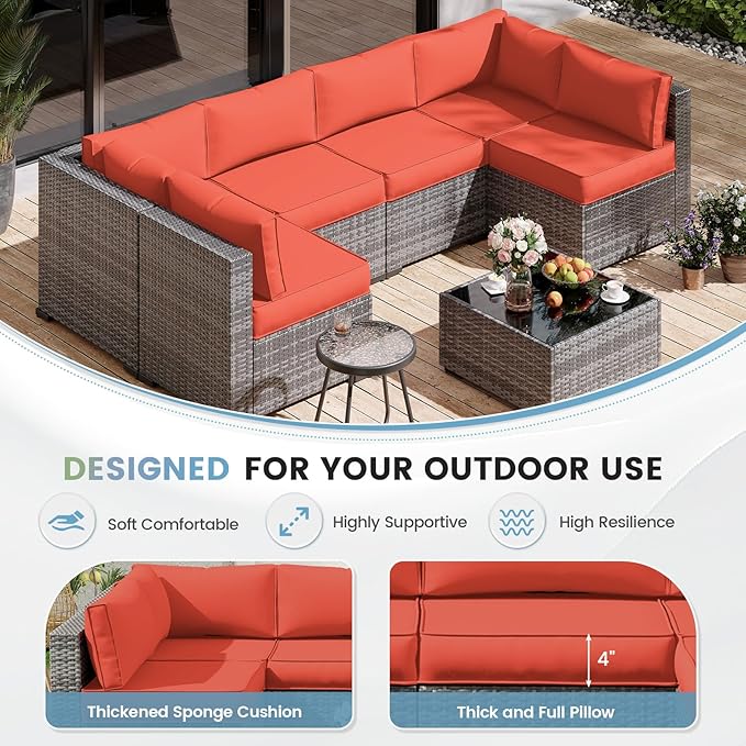 UDPATIO Replacement Cushions for Outdoor Furniture, 14 Piece Water-Repellent Cushions for 6 Seat Sectional Sofa, Orange Red
