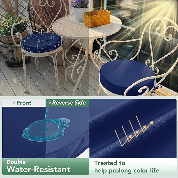 Outdoor Bistro Chair Cushions Set of 2, 15" D x 3" H Round Chair Cushions Waterproof and Fade Resistant Chair Cushion Pads with Non-Slip Ties and Removable Covers for Garden, Navy Blue