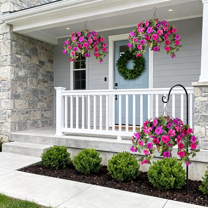 Artificial Petunia Flowers with Hanging Basket for Outdoors, 3 Pcs Fake Hanging Flowers UV Resistant Faux Silk Plants in Basket for Garden Porch Yard Patio Realistic Home Spring Decor(Purple Fuchsia)