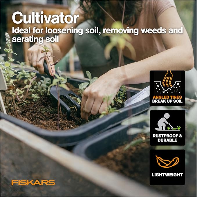 Fiskars Potting 4-Piece Essentials Set, Bypass Pruner, Trowel, Cultivator & L/XL Gloves for Indoor Gardening, Precision-Ground Steel Blades with Self-Cleaning Sap Groove, Rust-Proof FiberComp