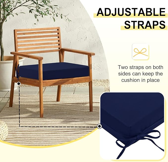 downluxe Outdoor Chair Cushions Set of 4 for Patio Furniture, Water-Resistant Square Corner Patio Chair Cushions with Ties, High Density Foam Outdoor Seat Cushion, 18.5" X 16" X 3", Navy