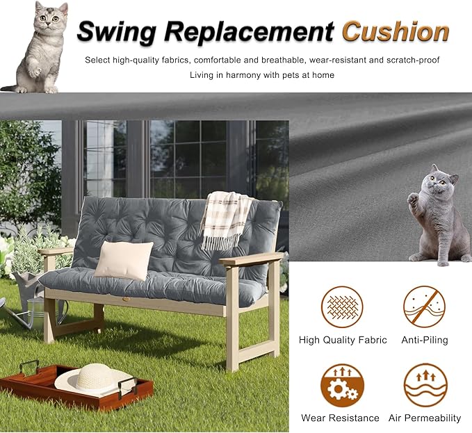 2-3 Seat Swing Replacement Cushion, Outdoor Bench Cushions with Backrest Thicken 4", Patio Furniture Garden Porch Loveseat Glider Pad Anti-Fading Waterproof (French Grey, 40x47in)