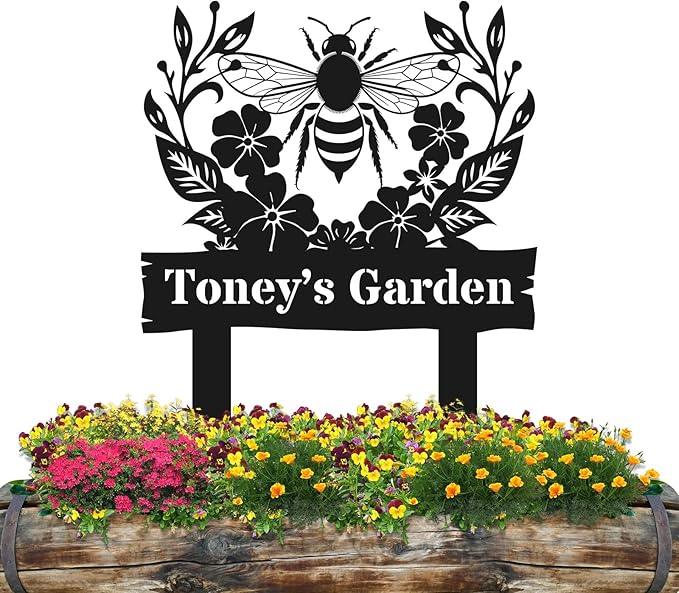 Personalized Metal Garden Sign, Custom Flower Decor with Stake, Bee Metal Yard Art, Garden Name Sign,Outdoor Decor,Patio Decoration,Home Present,Gardeners & Planters Gift
