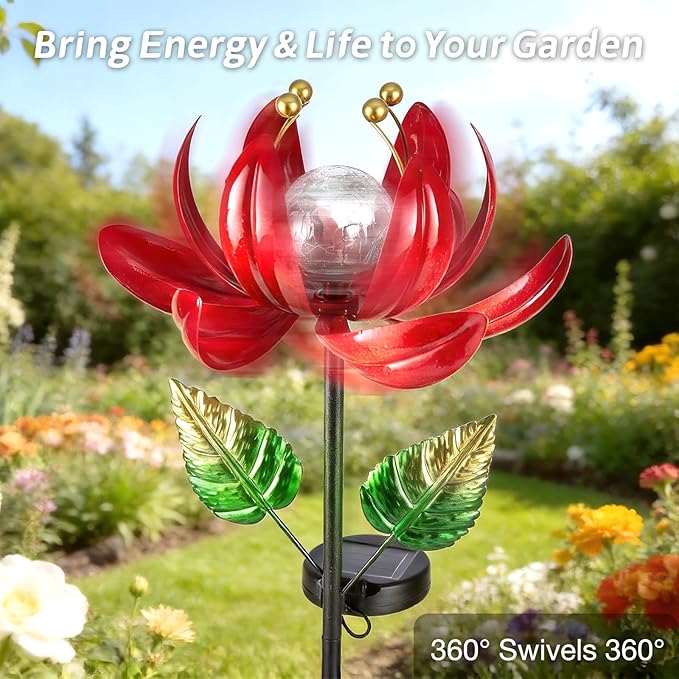 Solar Lights Outdoor Garden Decor, Solar Wind Spinner Yard Decorations Gifts for Outside, Lotus Windmill Pathway with LED Cracked Crystal Ball Waterproof Flower Sculpture for Patio Lawn