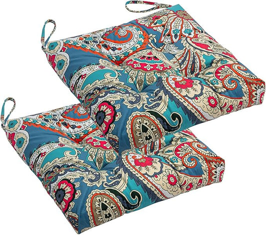 2-Pack Outdoor/Indoor Wicker Patio Seat Cushion Pad with Ties - Dining Chair Cushion, 17" x 17" (Blue Trumpet Flowers)