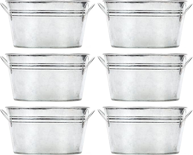 Hosley Set of 6 Oval Galvanized Planter Floral Pot 7.5 Inch Long 3.5 Inch High. Ideal Gift for Floral Arrangements Wedding House Warming Home Office Party and for DIY Garden Patio O4