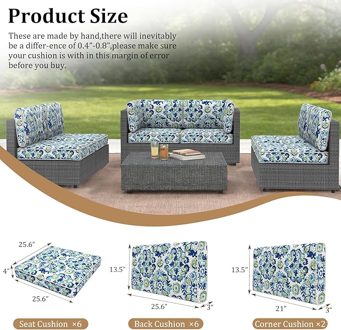 14 Pcs Outdoor Replacement Cushions for Patio Furniture, All Weather Water Resistant Cushion for 6 Seat Rattan Wicker Sectional Patio Conversation Sets and Couch (Summer Ocean)