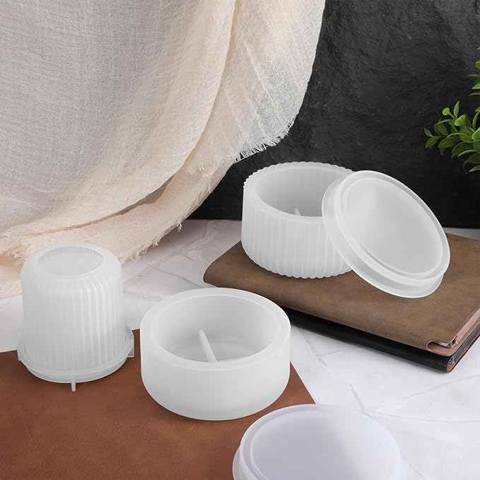 8 PCS Candle Jar Silicone Mold with Lid, Round Stripe Resin Molds Box Storage Bowl Creative Plant Flower Pot Vase Concrete Molds for Epoxy Jewelry Trinket Holder Organizer DIY Crafts Home Decor