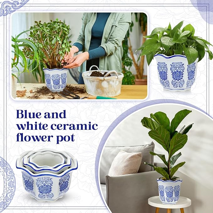 Set of 3 Blue and White Porcelain Flower Pots 7.2'' 6'' 4'' Decorative Chinoiserie Plant Pots with Drainage Hole Saucers Ceramic Planters for Indoor Garden(Classic Style)
