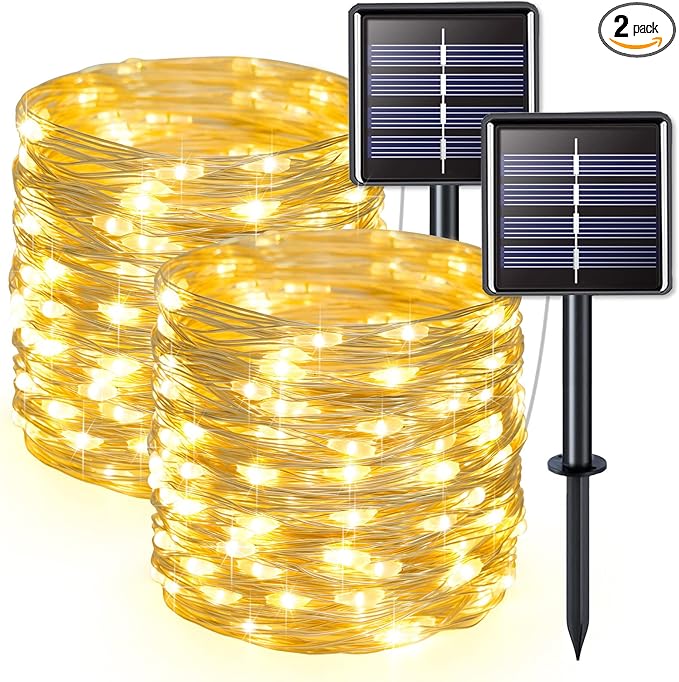 JMEXSUSS 2 Pack Solar String Lights Outdoor Waterproof, Each 33FT 100 LED Warm White Fairy Lights, Waterproof 8 Modes Copper Wire Solar Christmas Light for Yard Patio Tree Garden Xmas Decorations