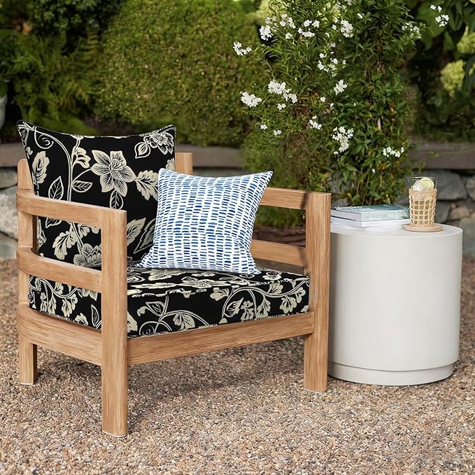 Outdoor Deep Seat Cushion Set, Water Repellent 24"x24" Patio Thick Cushions Replacement with Seat & Back Pillow for Patio Sofa, Wicker Chair, Couch - Vines Black