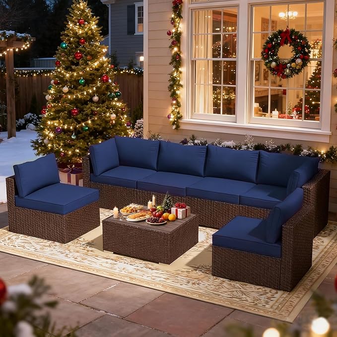 HOMREST Outdoor Replacement Cushions for Patio Furniture,Water-Repellent Sofa Cushion for 6-Seat Rattan Wicker Sectional Patio Conversation Sets,14-Piece Cushions Set for Outdoor Couch（Navy Blue）